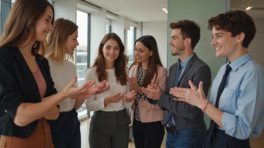 Grupo de jovens adultos em ambiente de trabalho colaborativo, sorrindo com confiança