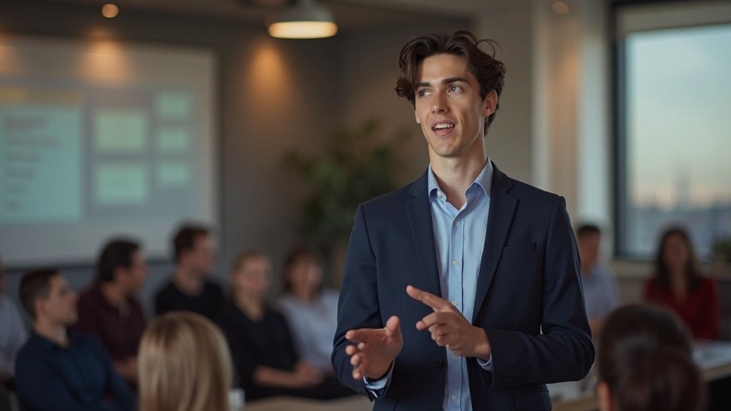 Jovem homem praticando falar em público com postura confiante em sala de apresentação