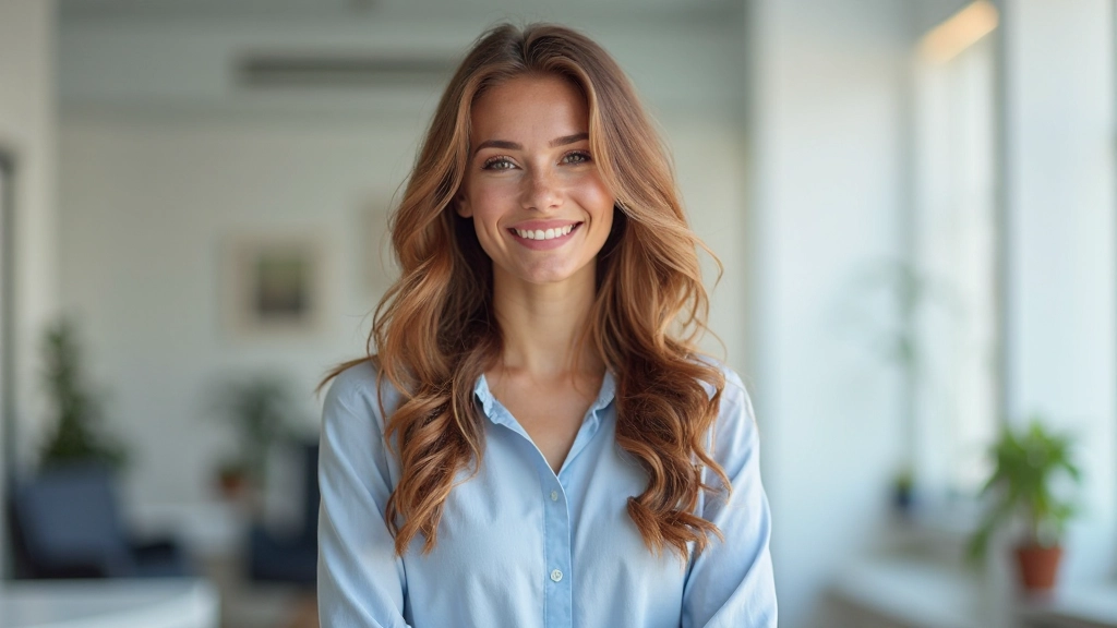 Jovem mulher profissional sorrindo com confiança em ambiente de trabalho moderno