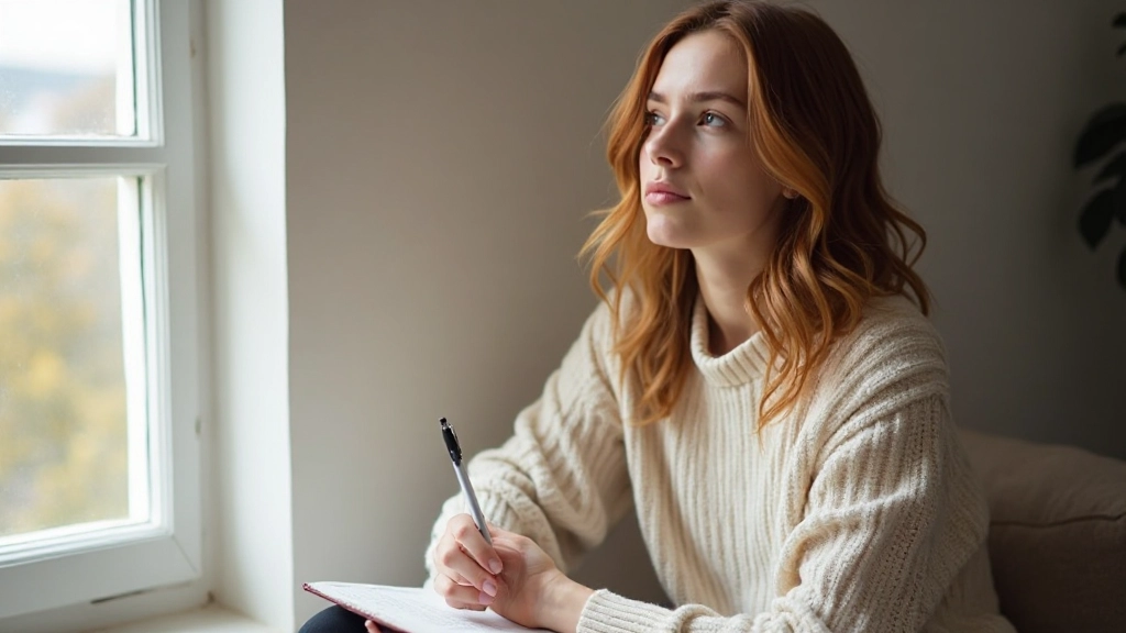 Mulher jovem refletindo em diário com expressão pacífica em ambiente tranquilo