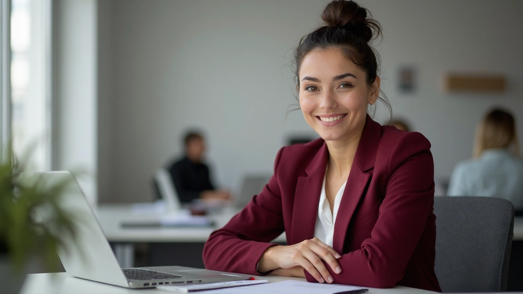 Mulher jovem profissional sorrindo com confiança em ambiente de trabalho moderno